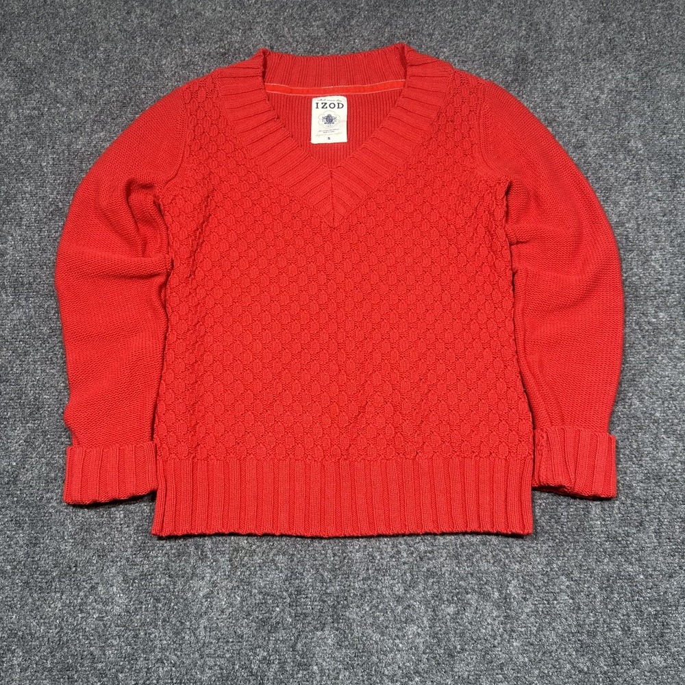 IZOD Mens Red V-Neck Textured Popcorn Knit Cotton Blend‎ Sweater Size S